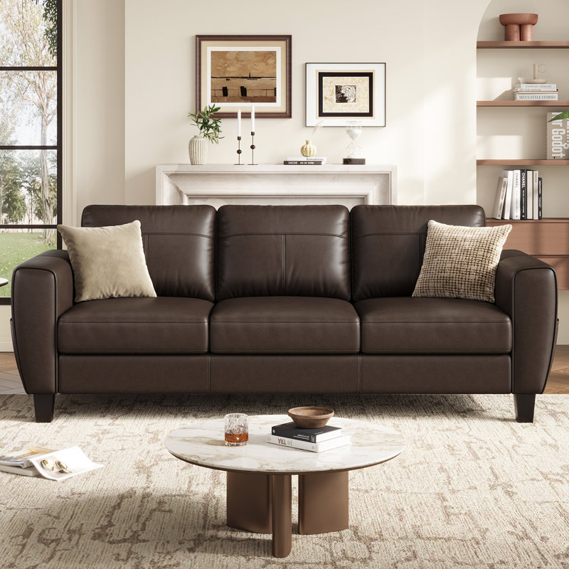 Canapé en cuir véritable 87 po avec accoudoir carré et poche latérale 87 po, Brown Genuine Leather