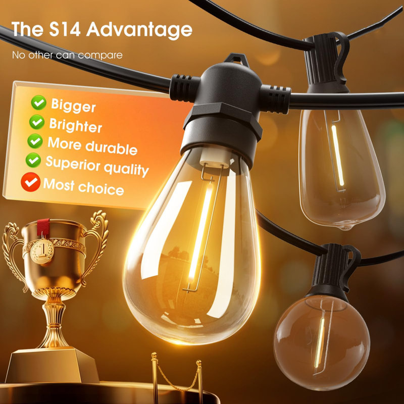 50FT LED Outdoor String Lights Timer Control with Bulbs, Black