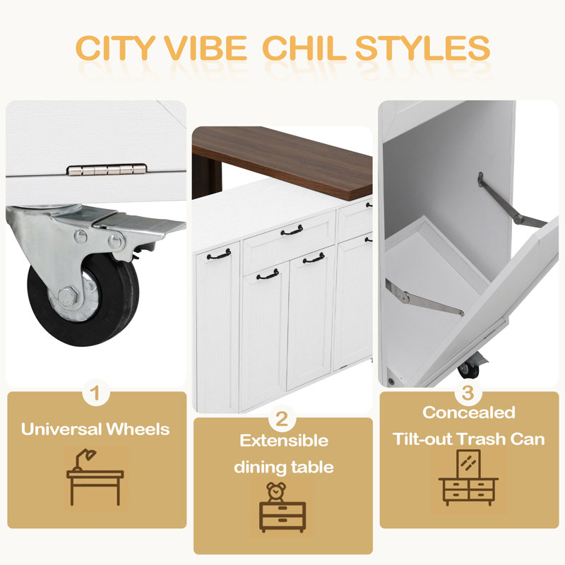 102.3" Kitchen Island With Extendable Dining Table, Kitchen Rolling Island Cart With Trash Storage Cabinet, 3-Tier Pull-Out Spice Rack