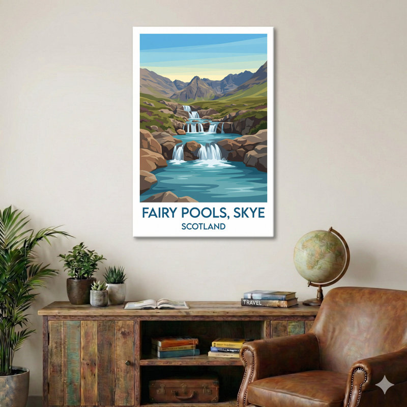 Fairy Pools, Skye, Scotland - Romantic Travel Poster Of Cascading Pools And Cuillin Peaks. Giclee Print On Wrapped Canvas. Wall Art, Home Decor - Natural Landmarks, Scotland - Wrapped Canvas Print