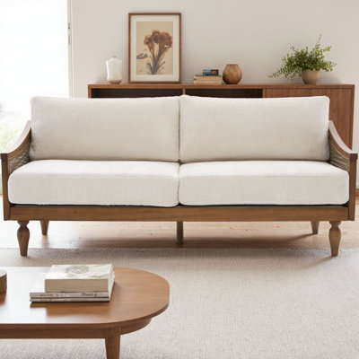 Canapé 70,9 "Mid-Century avec accoudoirs en rotin, canapé 2 places avec revêtement en chenille et pieds en bois d'hévéa pour appartement