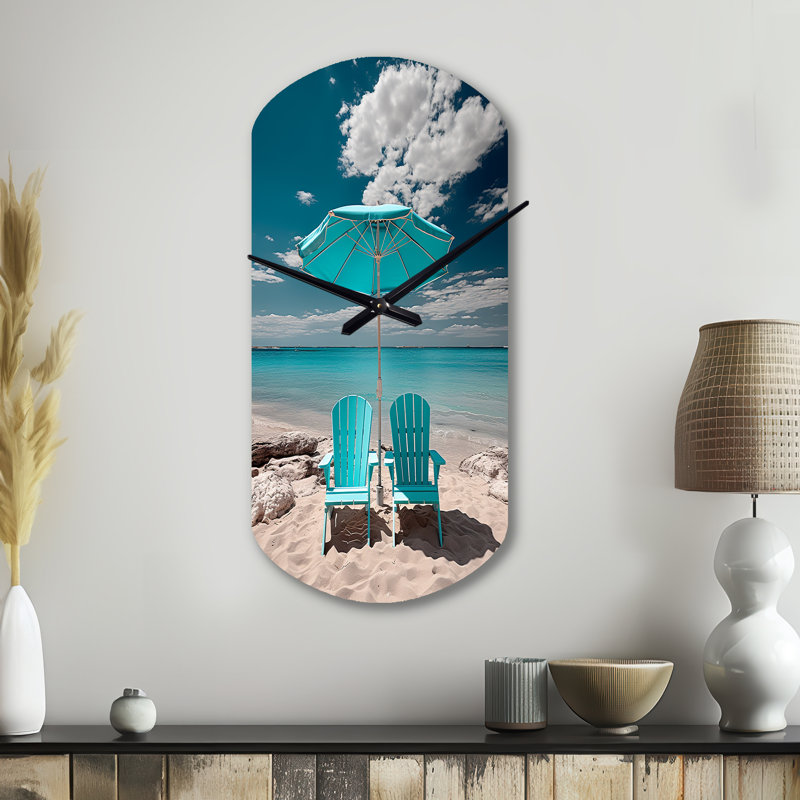 Beach Sandy Escape Chairs - Horloge murale cylindrique en métal, horloge murale asymétrique turquoise, Grand