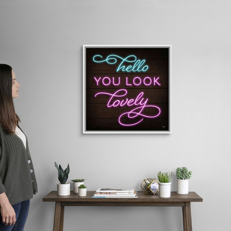 «Neon Hello Mollie B.», reproduction d'art sur toile tendue, H 26 po x l 26 po x P 1,75 po, Cadre blanc