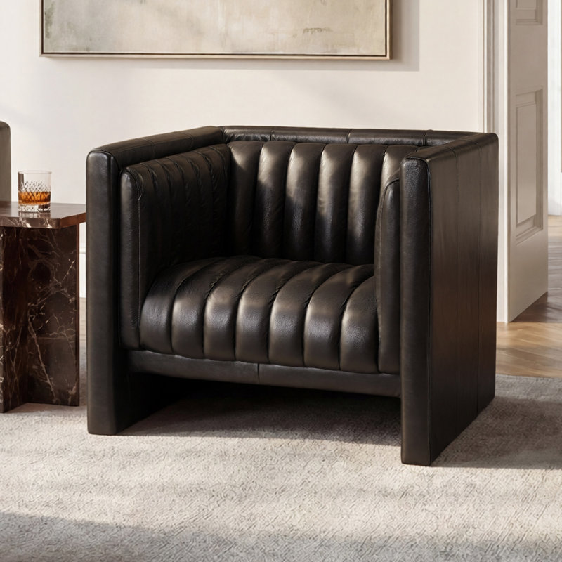 Broderic 38"W Oversized Full-Grain Genuine Leather Upholstered Square Channel Tufted Barrel Accent Armchair, Single Sofa