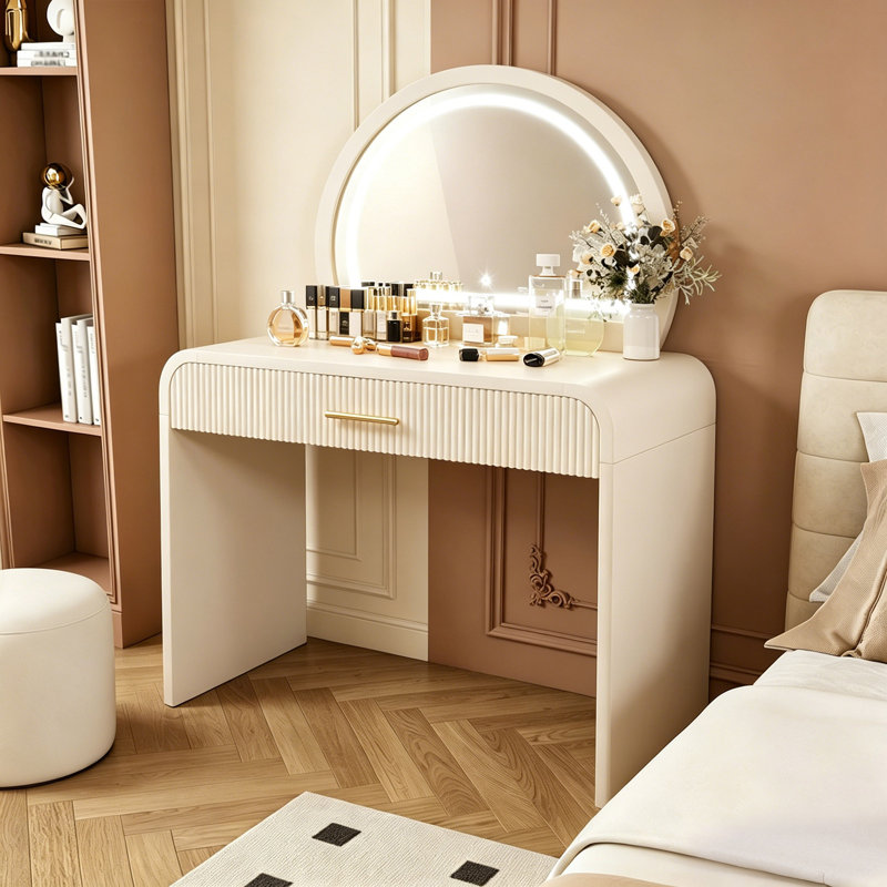 Table de coiffeuse 39 "avec miroir et miroir à écran tactile, coiffeuse avec tiroir pour chambre à coucher, Blanc