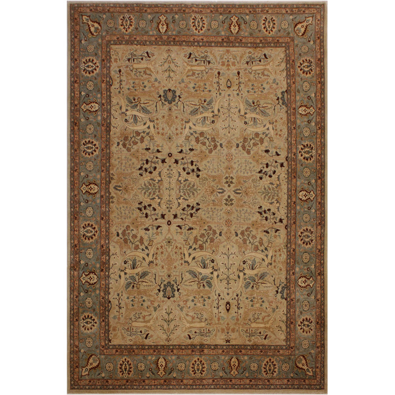 Tapis bleu / beige / rouge foncé en laine noué à la main 8 pi 3 po x 10 pi 11 po Abagail
