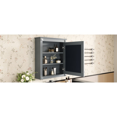 Armoire à miroir moderne pour salle de bain 24 po x 27 po à fixation murale, finition grise et tablette de rangement réglable
