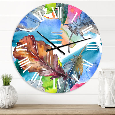 Plume d'oiseau en bleu et rose - Horloge murale traditionnelle