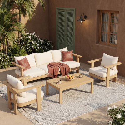 Wevron Modern Coastal Outdoor Acacia Wood Conversation Set With Slatted Tabletop & Cushions