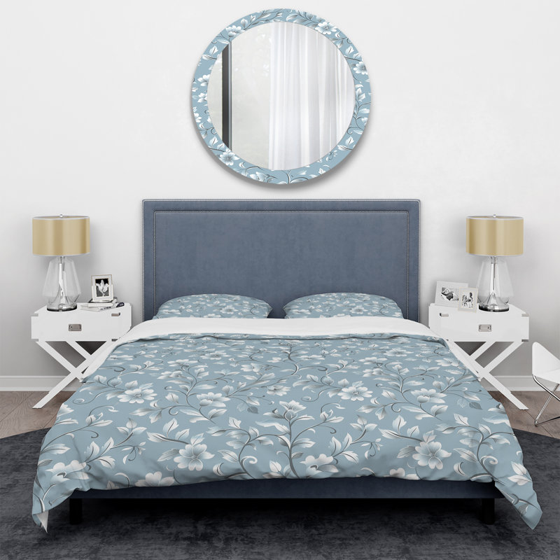 Ensemble de housse de couette transitionnel Blue Silver Floral Gardens II, Housse de couette simple et deux taies décorative