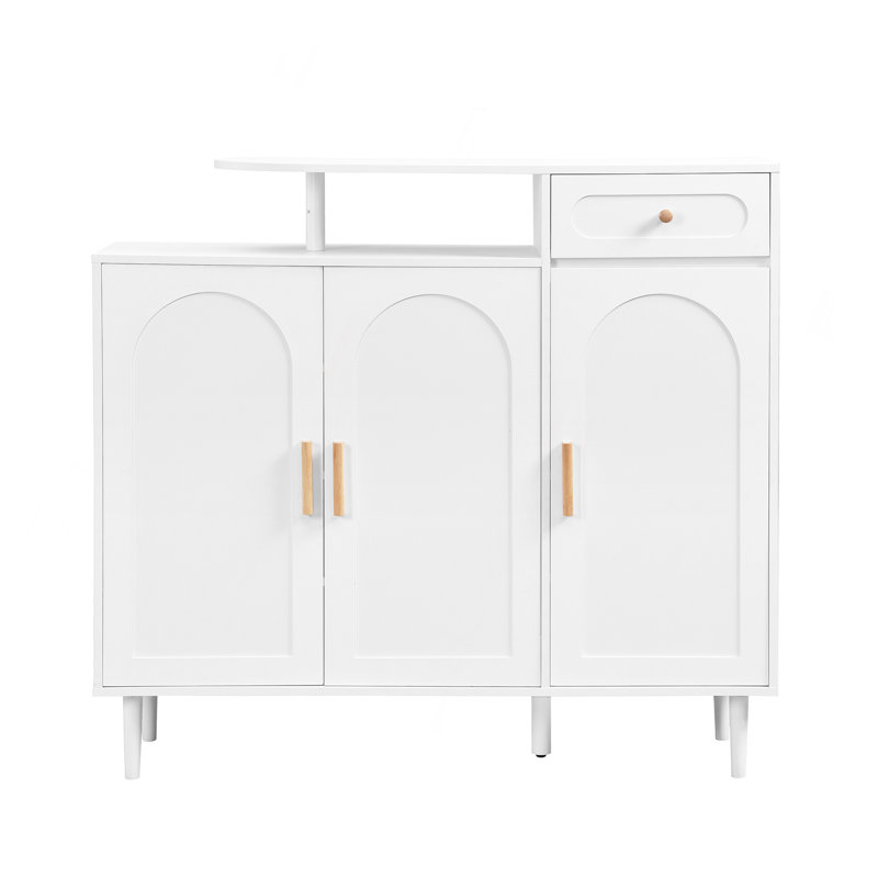 Rangement pour chaussures, armoire à chaussures élégante avec portes arquées et tiroir, buffet de rangement de style crème avec tablettes réglables et pieds en bois massif pour le vestibule, le salon