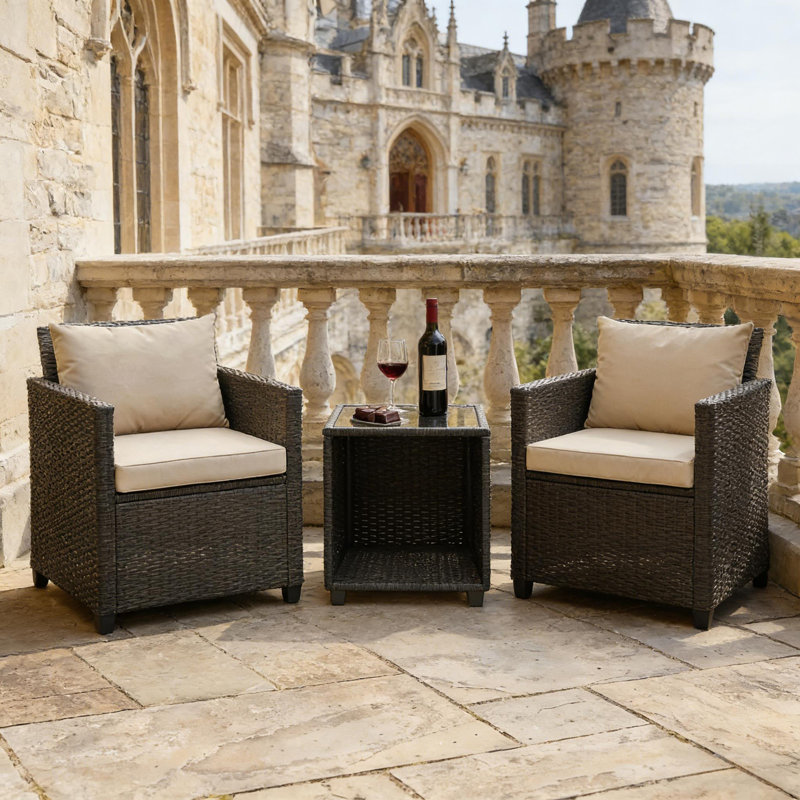Ensemble de conversation d'extérieur 3 pièces avec 2 chaises et 1 table d'appoint, Beige