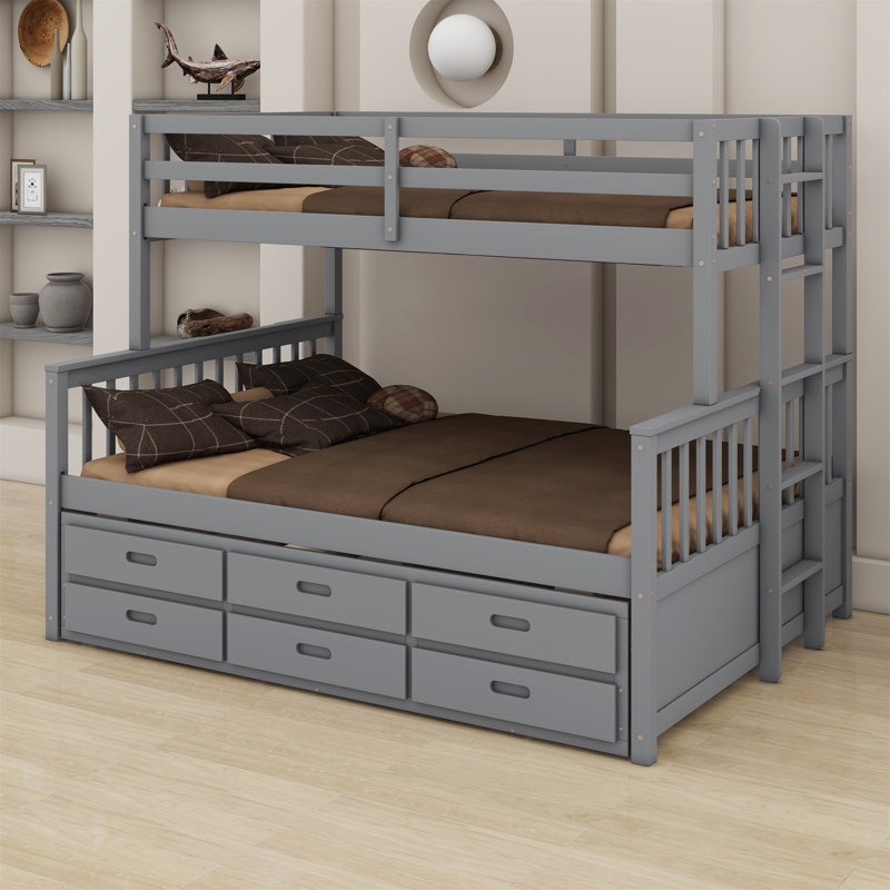 Janada Kids Twin Over Full Bunk Bed with Trundle with Drawers, Gray