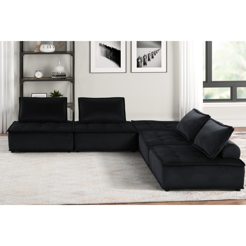 14.5" Seat Back Height Sectional In Black Velvet With Plastic Leg 25.5"