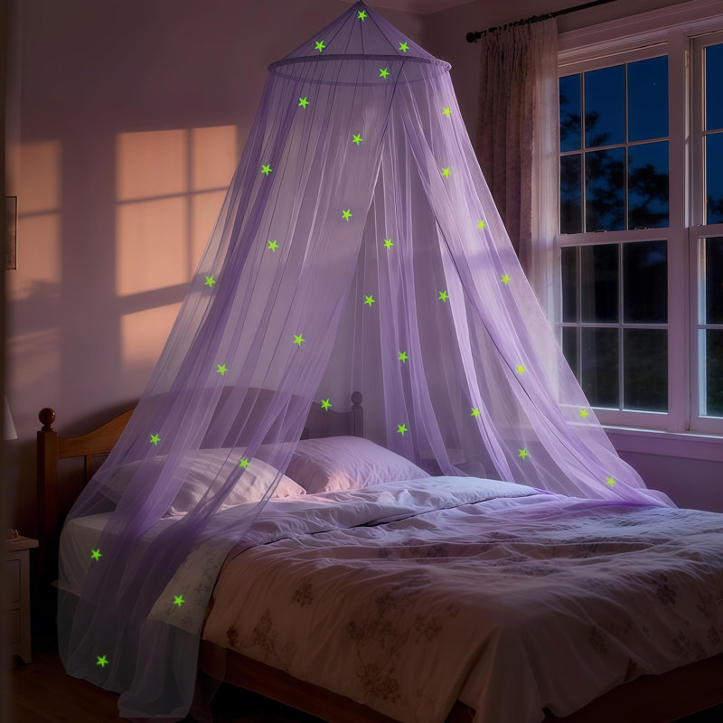 Purple Bed Canopy For Girls With Glow-In-The-Dark Stars, Princess Canopy Curtains Fits Single, Twin, Full, Queen Size Bed, Bedroom Accessories, Ceiling Tent