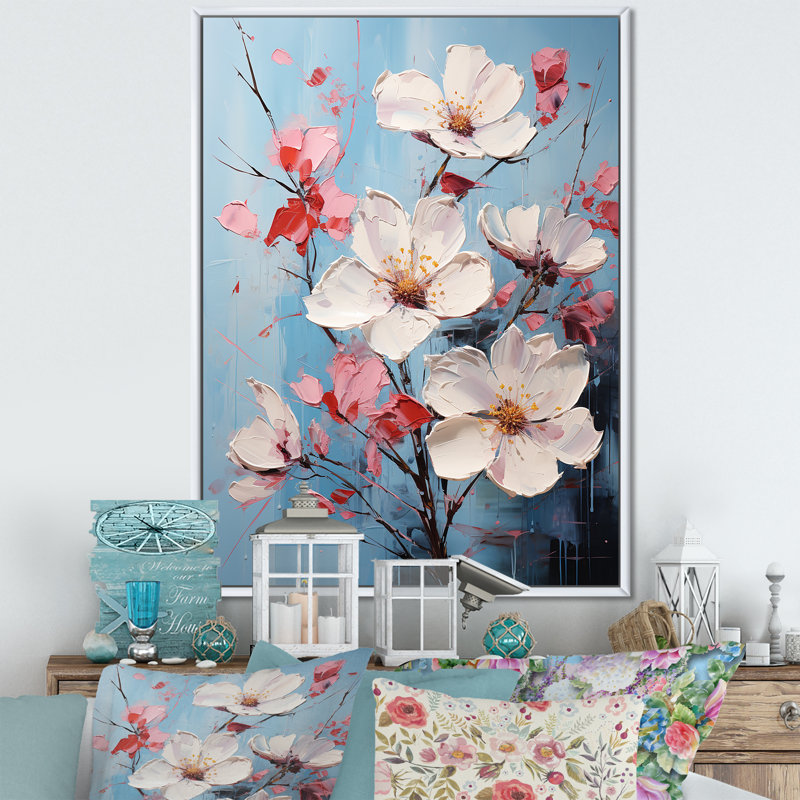 Fusion de cornouiller rose fauve sur toile, Cadre flottant blanc, H 20 po x l 12 po x P 1 po