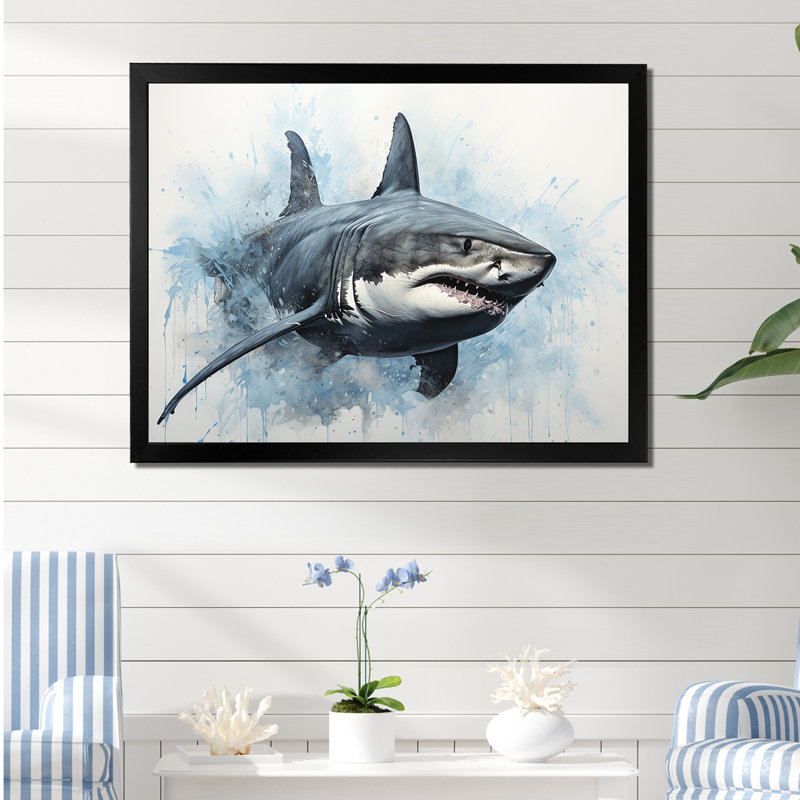 " Minimalism Blue Shark Painting I ", Black Single Picture Framed, 30" H x 40" W x 1.5" D