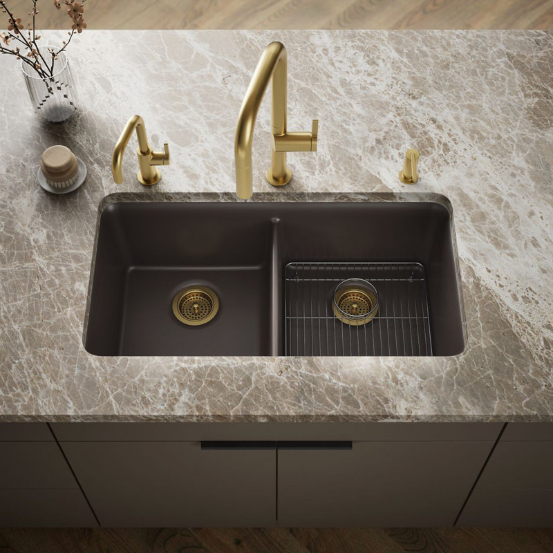 Cairn 34" L x 18" W Under-Mount Double-Equal Kitchen Sink, Matte Brown