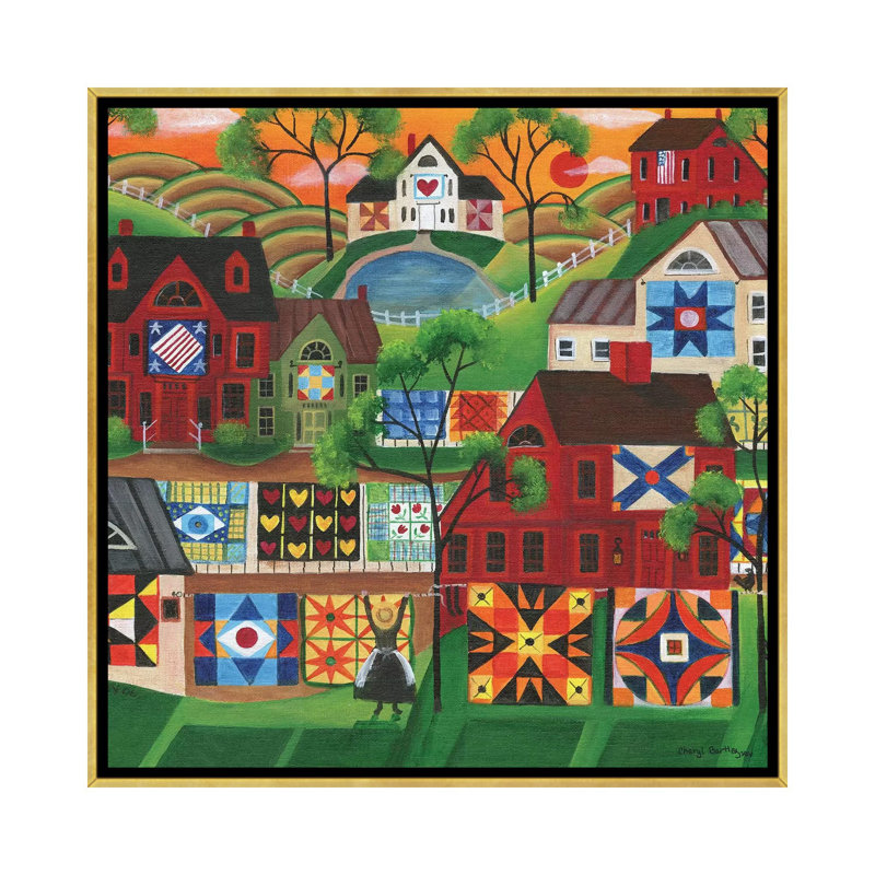 " Mama's Colorful Quilts " by Cheryl Bartley, No Mat, 37" H x 37" W x 1.5" D, Gold Framed Canvas