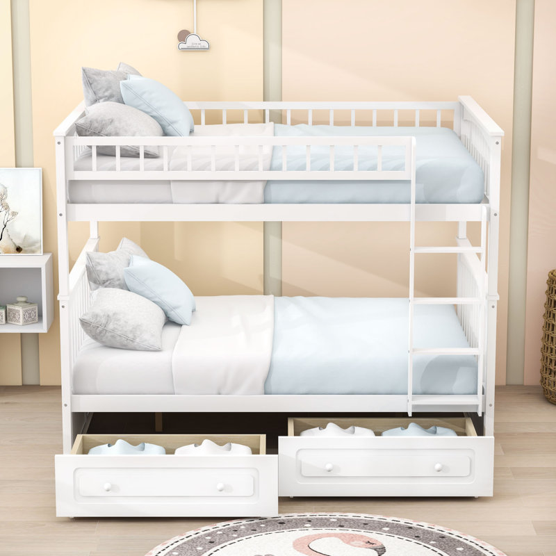 Lit superposé convertible double au-dessus de double avec tiroirs, Blanc