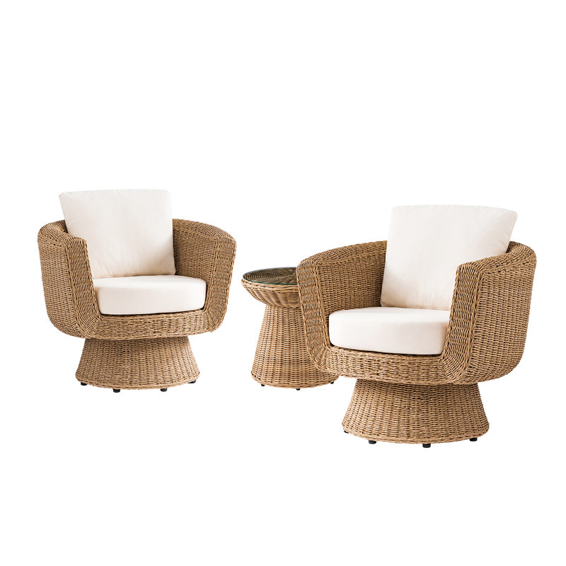 Ensemble de salon 3 pièces Anesty Coastal avec 2 fauteuils pivotants en rotin et une table de bout