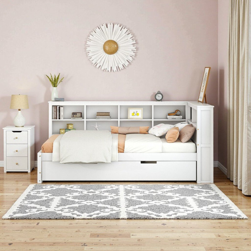 Lit de jour en bois blanc avec lit gigogne simple, tablettes de rangement intégrées et ports de chargement USB, Lit double