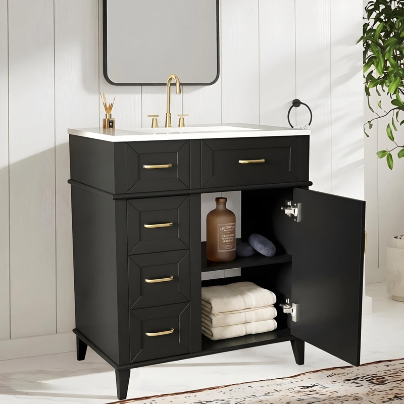 30" Bathroom Vanity With Ceramic Sink,three Soft Close Drawers, Black