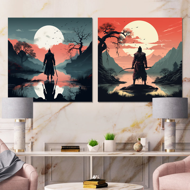 Ensemble de 2 art mural japonais sur toile, "Samouraï", Japon, Toile tendue, H 16 po x l 33 po x P 1 po