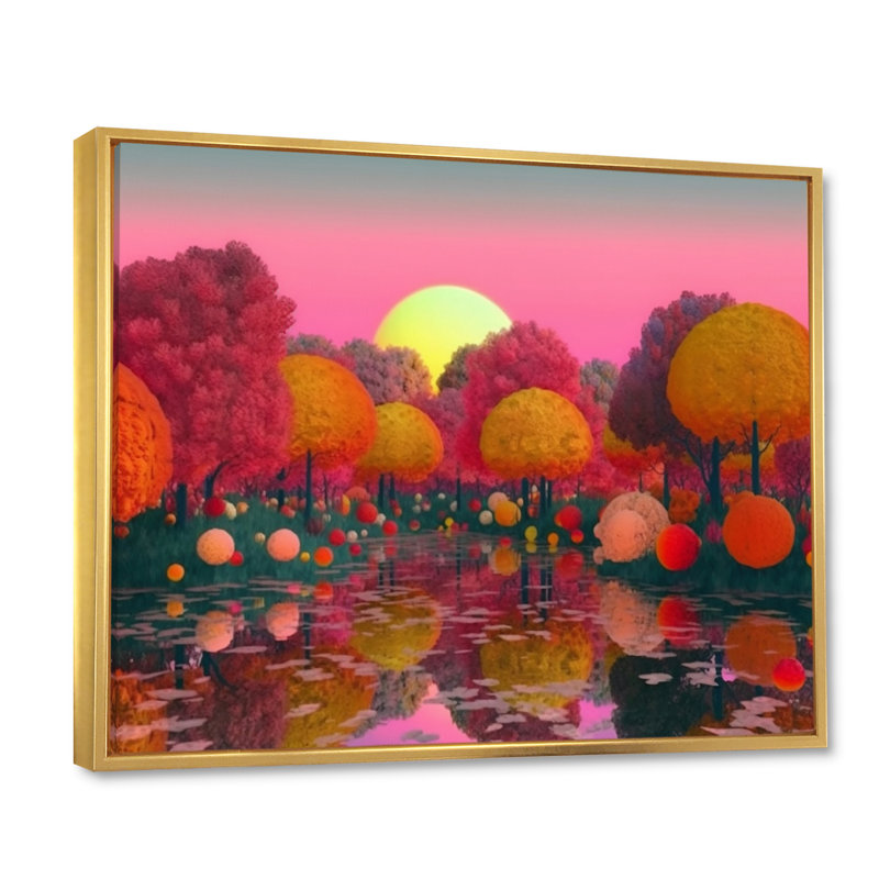 «Mysterious Asian Autumn Forest Full Moon I», reproduction sur toile, H 34 po x l 44 po x P 1,5 po, Cadre flottant doré
