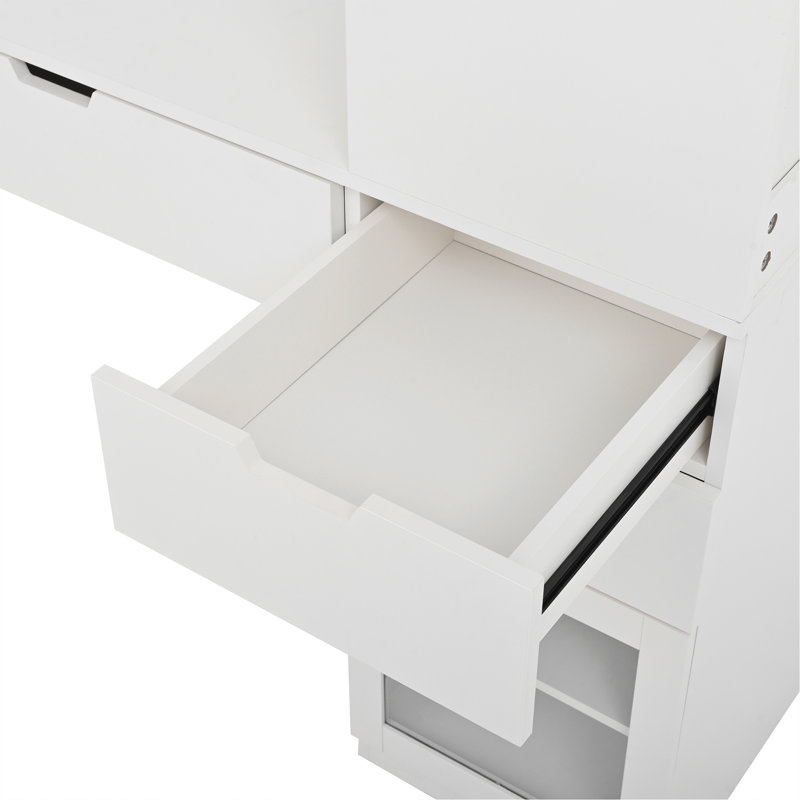 Meuble-lavabo polyvalent avec miroir et station de charge, coiffeuse avec 8 compartiments de rangement cachés, bureau d'ordinateur à 3 tiroirs, 2 armoires et tablettes ouvertes, bureau personnel, blanc