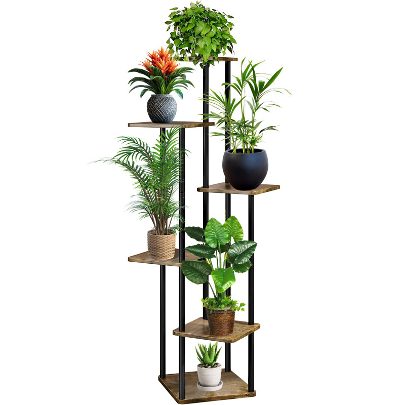Étagère à plantes à 6 niveaux en métal et en bois, support d'angle à plusieurs niveaux pour plusieurs plantes, présentoir moderne pour pots de fleurs d'intérieur pour salon, patio, balcon (brun rustique)