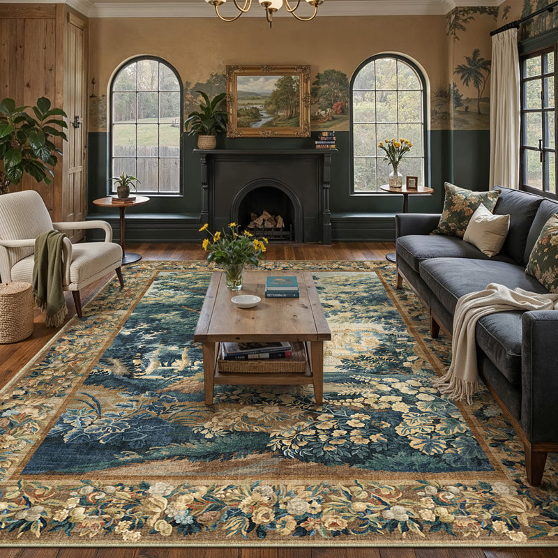 Rylee Landscape Floral Blue/Green/Brown Washable Area Rug With Non-Slip Backing, Rectangle 8' x 10'