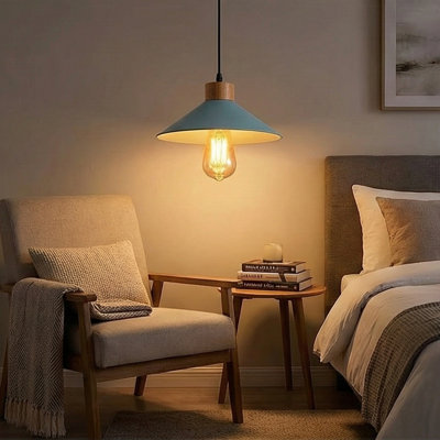 Luminaire suspendu simple en métal à hauteur réglable avec base en bois