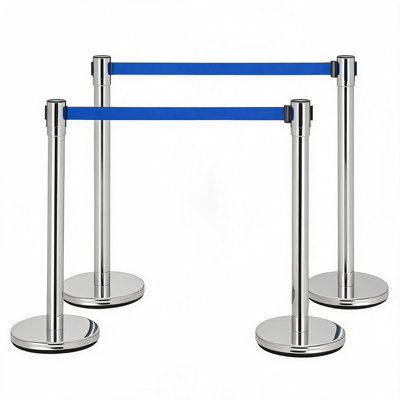 Barrières de contrôle des foules (lot de 4) – 4 poteaux avec 4 sangles rétractables, poteaux en acier robuste, système de sangles à 4 points, base lestable pour la gestion des files d'attente, argent et bleu