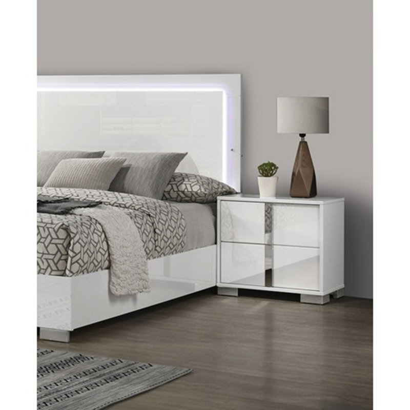 Table de chevet moderne 1pc avec pieds chromés et finition UV, Blanc
