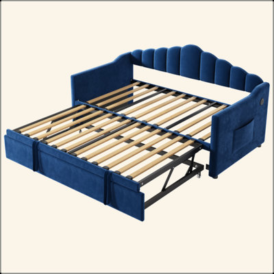 Upholstered Daybed with Adjustable Height Pop Up Trundle, Built-in USB & Type-C Ports, Side Storage Pockets, No Box Spring Required