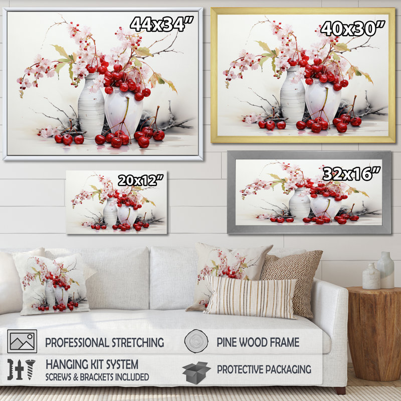 Décoration murale cerise simplicité - fruits, H 34 po x l 44 po x P 1,5 po, Toile tendue