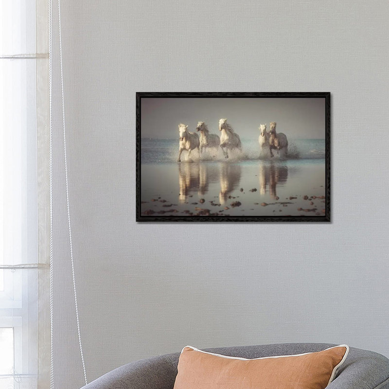 Camargue Horses by Rostovskiy Anton - Print on Canvas, 45.72cm H x 66.04cm W x 3.81cm D, Black Floater Framed