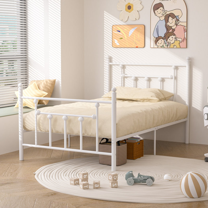 YT Metal Bed Frame w/Headboard and Footboard Platform Bed Frame Single Double Size, Single (3'), White