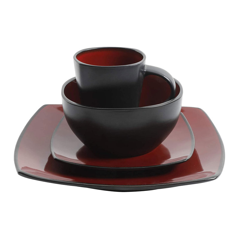 Red and Black Square Porcelain Dinnerware Set for 4