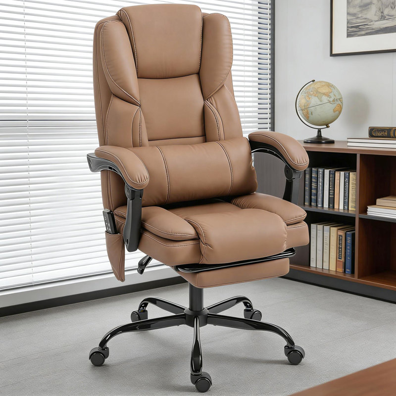 Fauteuil de bureau en similicuir avec massage vibratoire pour le dos, les lombaires et les cuisses, cinq modes, trois intensités, coussin haut indépendant, 140 inclinables en continu, repose-pieds rétractable, roues pivotantes