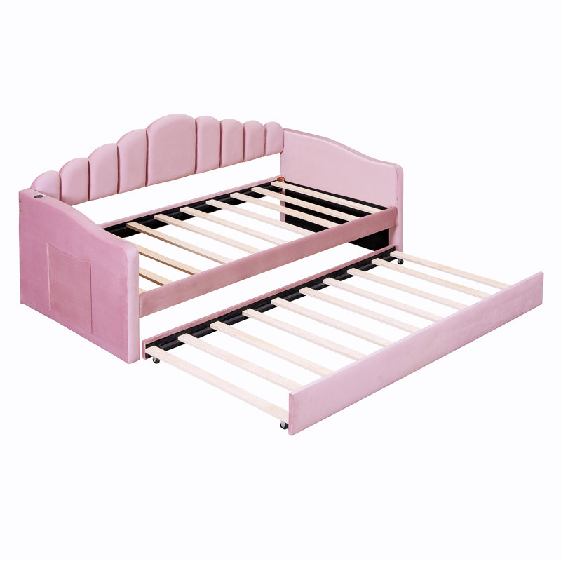 Lit de jour simple rembourré avec couchette, canapé-lit en velours avec ports de chargement USB, aucun sommier nécessaire, rose
