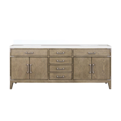 Meuble-lavabo double de 80 po L Chêne gris, plateau en quartz blanc, bois massif, deux armoires et cadre de rangement à tablettes ouvertes, variété