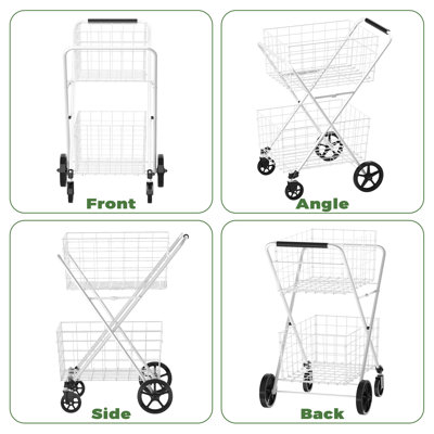 Extra Jumbo Shopping Cart,2 Layers Grocery Cart on Wheels, Foldable Utility Shopping Carts with Double Basket and 360° Rolling Swivel Wheels for Groceries Laundry, White