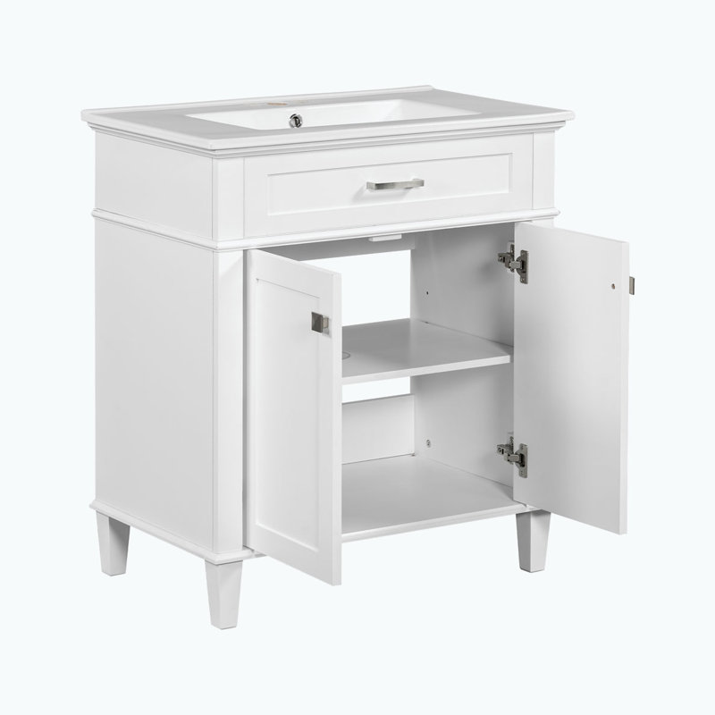 Bathroom Vanity with Ceramic Sink, White, Silver