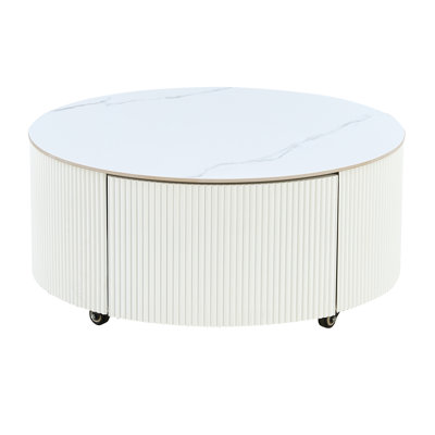 Modern Round Movable Coffee Table With Casters, 2 Drawers, Marble Pattern Sintered Stone Top