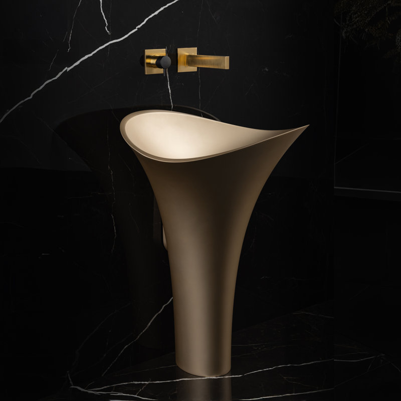 Lavabo de salle de bain ovale sur pied en verre Vivian, Or champagne