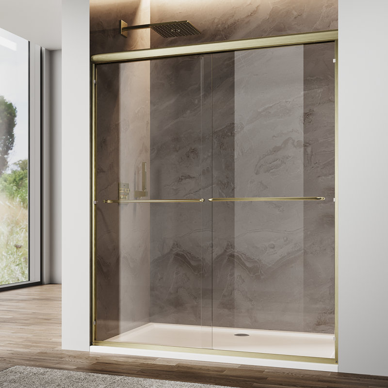 60" X 72" Double Sliding Doors with Double-handle towel rack and 1/4" Tempered Glass, Gold, Gold