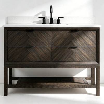 48" Freestanding Single Sink Solid Wood Dark Brown Oak Bathroom Vanity with Engineered Marble Top