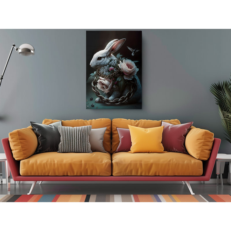 Lapin avec des fleurs sur toile, H 45 po x l 30 po x P 1 po